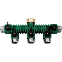 Click here to see Orbit 62019N Orbit 5-Port Zinc Hose Faucet Manifold with 5 Shut-Off Valves and Mounting Bracket - 62019N 