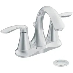 Click here to see Moen 6410 Moen Eva Two-Handle High Arc Centerset Chrome Bathroom Faucet with Metal Pop-Up Drain, 1.2 GPM, Lever Handles, WaterSense, ADA - 6410