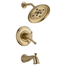 Click here to see Delta T17497-CZ Delta Cassidy Monitor 17 Series Two-Handle Tub/Shower Faucet with H2Okinetic Rain Showerhead, 1.75 GPM, Lever Handles, Champagne Bronze - T17497-CZ