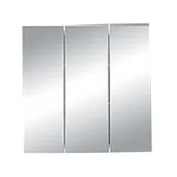 Click here to see Jensen 255024 Jensen Horizon Basic White 21-3/4in Width x 20-3/4in Height Recess Mount Medicine Cabinet, Three Doors, 8in Wide Mirror Front, Two Shelves - 255024