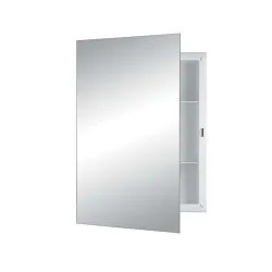 Click here to see Jensen B7733 Jensen Focus 16in x 22in White Recess-Mounted Medicine Cabinet with Frameless Polished Edges Mirror Door, Reversible Door Swing, Plastic Shelves - B7733