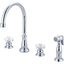 Click here to see Pioneer 2BR221 Pioneer Brentwood Two-Handle Widespread Kitchen Faucet w/ Side Spray, Porcelain Cross Handles, Chrome - 2BR221