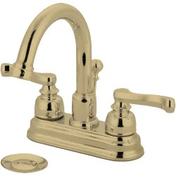 Click here to see Pioneer 3BR330-PB Pioneer Brentwood Centerset Gooseneck Bathroom Faucet with Pop-Up Drain, Two-Handle, 1.5 GPM, Beaux Lever Handle, ADA, PVD Polished Brass - 3BR330-PB