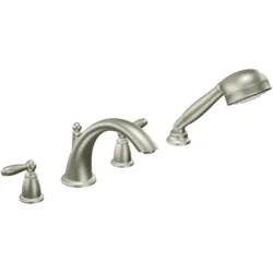Click here to see Moen T924BN Moen Brantford Roman Tub Faucet Trim with 1.75 GPM One-Function Hand Shower, Low Arc Spout, Lever Handles, M-PACT, Brushed Nickel - T924BN