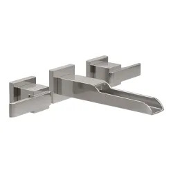 Click here to see Delta T3568LF-SSWL Delta Ara Channel Spout Wall-Mount Stainless Lavatory Faucet Trim, Less Pop-Up, 1.2 GPM, Two-Handle, Less Rough-In - T3568LF-SSWL