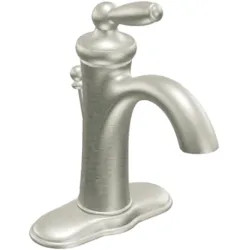 Click here to see Moen 6600BN Moen Brantford Single-Handle High Arc Brushed Nickel Bathroom Faucet with Metal Pop-Up and Deckplate, 1.2 GPM, Lever Handle, Single-Hole - 6600BN