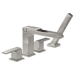 Click here to see Delta T4768-SS Delta Ara Two-Handle Roman Tub Faucet Trim with 1.75 GPM Single-Setting Hand Shower, H2Okinetic, Channel Spout, Lever Handles, Stainless - T4768-SS