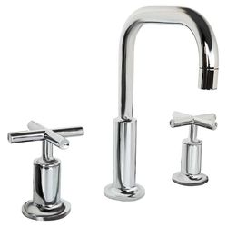 Click here to see Kohler 14406-3-CP Kohler Purist Two-Handle Polished Chrome Widespread Bathroom Faucet with Pop-Up Drain, Low Cross Handle, 1.2 GPM, Three-Hole, Metal - K-14406-3-CP