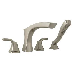 Click here to see Delta T4752-SS Delta Tesla Two-Handle Roman Tub Faucet Trim with 1.75 GPM Four-Setting Hand Shower, H2Okinetic, Angular Spout, Lever Handles, Stainless - T4752-SS