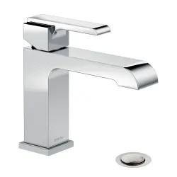 Click here to see Delta 567LF-MPU Delta Ara Angular Spout Chrome Lavatory Faucet with Escutcheon and Red/Blue Indicators, Metal Pop-Up, 1.2 GPM, Single-Handle, DIAMOND Seal - 567LF-MPU