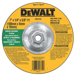 Click here to see Dewalt DW4759 Dewalt DW4759 Type 27 High Performance Depressed Center Grinding Wheel, 7 in Dia x 1/4 in T