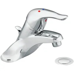Click here to see Moen L64603 Moen Chateau Single-Handle Low Arc Chrome Centerset Bathroom Faucet with 50/50 Drain, 1.2 GPM, ADA Lever Handle, Three-Hole, Bulk Pack - L64603