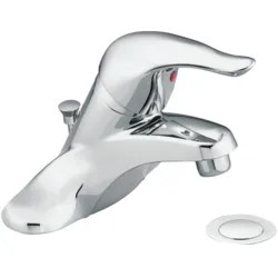 Click here to see Moen L64624 Moen Chateau Single-Handle Low Arc Chrome Centerset Bathroom Faucet with Metal Pop-Up, 1.5 GPM, ADA Lever Handle, Three-Hole, Bulk Pack - L64624