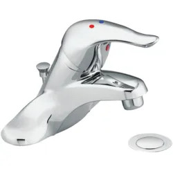 Click here to see Moen L64635 Moen Chateau Single-Handle Low Arc Chrome Centerset Bathroom Faucet with Pop-Up Drain, 1.2 GPM, ADA Lever Handle, Three-Hole, Less Drain, Bulk Pack - L64635