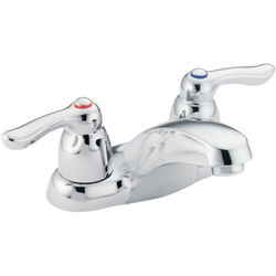 Click here to see Moen 64922 Moen Chateau Two-Handle Low Arc Chrome Centerset Bathroom Faucet with Temperature Indicators, 1.2 GPM, ADA Lever Handle, Bulk Pack - 64922 