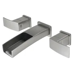 Click here to see Pfister LG49-DF1K Pfister Kenzo Widespread Wall-Mount Bathroom Faucet, Trough Spout, Two-Handle, 1.2 GPM, Lever Handle, Less Pop-Up Drain, Brushed Nickel - LG49-DF1K