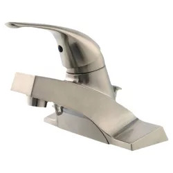 Click here to see Pfister LG142-600K Pfister Pfirst Series Centerset Bathroom Faucet with Metal Pop-Up, Single-Handle, 1.2 GPM, Lever Handle, Pforever Seal, Brushed Nickel - LG142-600K