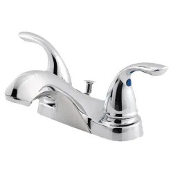 Click here to see Pfister LG143-5100 Pfister Pfirst Series Low-Arc Centerset Bathroom Faucet, Two-Handle, 1.2 GPM, Lever Handle, Pforever Seal, Less Pop-Up, Polished Chrome - LG143-5100