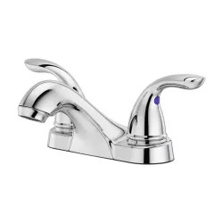 Click here to see Pfister LG143-6100 Pfister Pfirst Series Low-Arc Centerset Bathroom Faucet with Push and Seal Drain, Two-Handle, 1.2 GPM, Lever Handle, TiteSeal, Polished Chrome - LG143-6100