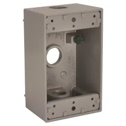 Click here to see Hubbell 5320-0 Hubbell 5320-0 Gray Single-Gang Outlet Box with Three Threaded Outlets