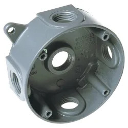 Click here to see Hubbell 5361-0 Hubbell 5361-0 4-Inch Round Splice Box with Five Threaded Outlets
