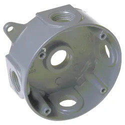Click here to see Hubbell 5361-5 Hubbell 5361-5 4-Inch Round Splice Box with Five Threaded Outlets