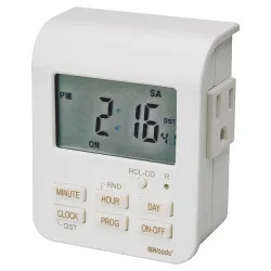 Click here to see Coleman Cable 50009 Woods 50009 Heavy Duty Indoor Timer, 125 V, 15 A, 7 day, 20 On/Off Cycles per day