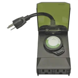 Click here to see Coleman Cable 50011 Woods 50011 Outdoor Mechanical Timer, 125 V, 15 A, 30 Min Interval, 24 hr, 24 Cycles per day