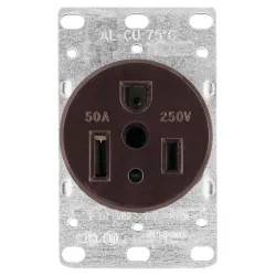 Click here to see Arrow Hart 1254-BOX Arrow Hart 1254-BOX Straight Blade Grounded Power Receptacle, 250 VAC, 50 A, 2 Pole, 3 Wire, Brown