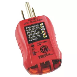 Click here to see Gardner Bender GFI-3501 Gardner Bender GFI-3501 Manual Outlet Tester, 110 - 125 VAC, 6 - 9 mA