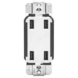 Click here to see Leviton R02-USB4P-0BW Leviton Decora USB Charger, 120 V, 4.2 A, 4 Port, White