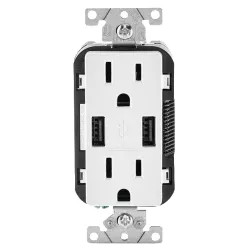 Click here to see Leviton R02-T5632-0BW Leviton R02-T5632-0BW 2-Port Combination Duplex Receptacle With USB Charger, 125 VAC, 15 A, 2 Pole, 3 Wire, White
