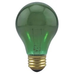 Click here to see Sylvania 25W/GREEN/A19 Osram Sylvania 11714 Incandescent Lamp, 25 W, 125 V, A19, Medium Brass ,, 3000 hr