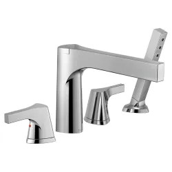 Click here to see Delta T4774 Delta Zura Two-Handle Roman Tub Faucet Trim with 1.75 GPM Single-Setting Hand Shower, H2OKinetic, Touch-Clean, Angular Spout, Lever Handles, Chrome - T4774