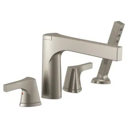 Click here to see Delta T4774-SS Delta Zura Two-Handle Roman Tub Faucet Trim with 1.75 GPM Single-Setting Hand Shower, H2OKinetic, Touch-Clean, Angular Spout, Lever Handles,  Stainless - T4774-SS