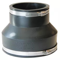 Click here to see Fernco P1056-64 Fernco 1056 Flexible Pipe Reducing Stock Coupling, 6 X 4 in x 5-3/4 in, Plastic/Cast Iron, 4.3 psi, PVC