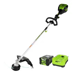 Click here to see Greenworks 2101102 Greenwork 2101102 Cordless String Trimmer, 80 V, Lithium-Ion, 14 - 16 in