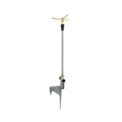 Click here to see Mintcraft 610733719 Landscapers Select Telescoping High-Rise Brass 3-Arm Sprinkler, Round Pattern, Full Circle, Female, Zinc, Powder-Coated Silver - 610733719