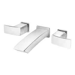 Click here to see Pfister LG49-DF3C Pfister Kenzo Widespread Wall-Mount Bathroom Faucet, Laminar Flow, Two-Handle, 1.2 GPM, Lever Handle, Less Pop-Up Drain, Polished Chrome - LG49-DF3C