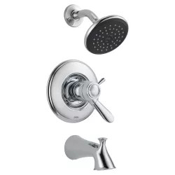 Click here to see Delta T17T438 Delta Lahara TempAssure 17T Series Two-Handle Tub/Shower Faucet with Single-Setting Rain Showerhead, 2.5 GPM, Lever Handles, ADA, Chrome - T17T438