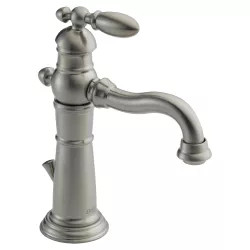 Click here to see Delta 555LF-SS Delta Victorian Hook Spout Stainless Lavatory Faucet, Metal Pop-Up, 1.2 GPM, Single-Handle, Lever Handle - 555LF-SS