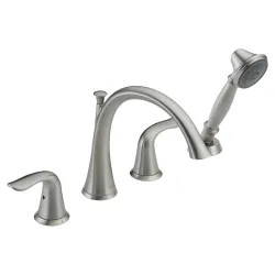 Click here to see Delta T4738-SS Delta Lahara Two-Handle Roman Tub Faucet Trim with 1.75 GPM Single-Setting Hand Shower, High Arc Spout, Lever Handles, Stainless - T4738-SS