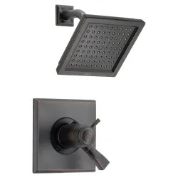Click here to see Delta T17T251-RB Delta Dryden TempAssure 17T Series Two-Handle Shower Faucet with Single-Setting Rain Showerhead, 2.5 GPM, Lever Handles, Venetian Bronze - T17T251-RB