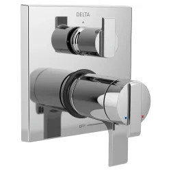 Click here to see Delta T27T867 Delta Angular Modern TempAssure 17T Series Two-Handle Valve Trim w/ 3-Function Diverter, Lever Handles, Polished Chrome - T27T867