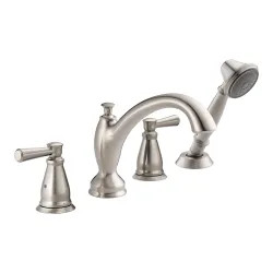 Click here to see Delta T4793-SS Delta Linden Two-Handle Roman Tub Faucet Trim with 1.75 GPM Single-Setting Hand Shower, Arc Spout, Lever Handles, Stainless - T4793-SS