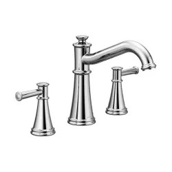 Click here to see Moen T9023 Moen Belfield Two-Handle Roman Tub Faucet, Three-Hole, Widespread, 10in Center, Metal Lever Handles, Polished Chrome - T9023