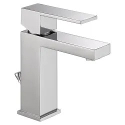 Click here to see Delta 567LF-GPM-PP Delta Modern Square Single-Hole Chrome Lavatory Faucet, Metal Pop-Up, 1 GPM, Single-Handle, Square Lever Handle, Project Pack - 567LF-GPM-PP