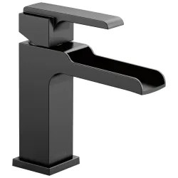 Click here to see Delta 568LF-BLLPU Delta Ara Channel Spout Matte Black Lavatory Faucet with Escutcheon and Red/Blue Indicators, Less Pop-Up, 1.2 GPM, Single-Handle, DIAMOND Seal - 568LF-BLLPU