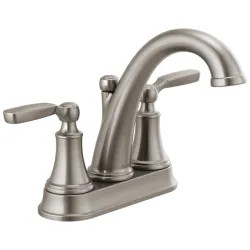 Click here to see Delta 2532LF-SSTP Delta Woodhurst Two-Handle Centerset Bathroom Faucet with 50/50 Pop-Up, Deck Mount, Lever Handles, Tract-Pack, 1.2 GPM, Stainless - 2532LF-SSTP