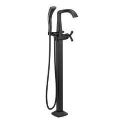 Click here to see Delta T47766-BLFL Delta Stryke Freestanding Tub Filler Trim with 1.75 GPM Single-Setting Hand Shower, H2Okinetic, Cross Handle, Matte Black - T47766-BLFL